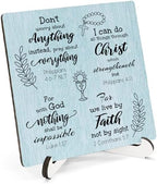 Blue Christian Wooden Sign Desk Decor, Inspirational Bible Verse Religious Wood Plaque Sign With Stand for Church Prayer Room Home Office Desk Table Shelf Decoration, 5x5 Inch by HSIASHENG
