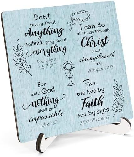 Blue Christian Wooden Sign Desk Decor, Inspirational Bible Verse Religious Wood Plaque Sign With Stand for Church Prayer Room Home Office Desk Table Shelf Decoration, 5x5 Inch by HSIASHENG