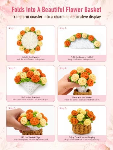 Crochet Flower Bouquet Coasters, Cotton Rose Gifts for Home Decor 2Pcs - Image 3