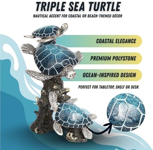Triple Sea Turtle Statue – Ocean Decor Figurine with Coral Reef Base | Coastal Tabletop Accent in Bronze, Silver & Pacific Blue | Beach House Nautical Room Decoration (9.5" x 7.25") - Image 4
