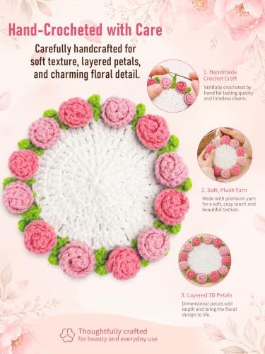 Crochet Flower Bouquet Coasters, Cotton Rose Gifts for Home Decor 2Pcs - Image 4