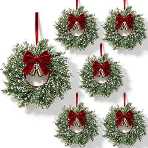 6 Set Christmas Hanging Wreaths Small Snow Flocked Artificial Cedar Wreaths with Red Velvet Ribbon Bronze Bells Mini Faux Greenery Wreath for Front Door Porch Cabinet Window Xmas Holiday Decorations by Unknown