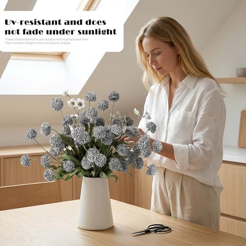 Mixed 10 Pcs Artificial Pompon Mum Set-8 Chrysanthemum & 2 White Daisy, Blue Silk Faux Flower for Vase Fall Floral Arrangements Wedding Centerpiece DIY Home Indoor Outdoor Decor (No Vase) - Image 4