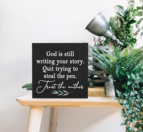 SRADMO God Is Still Writing Your Story Wood Box Sign Desk Decor 6x6, Christian Bible Verse Decor Black Wooden Box for Home Office, Inspirational Table Decorative Accessories (Black) - Image 6