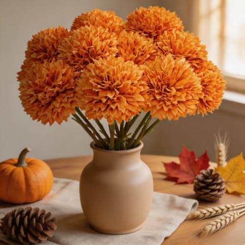 Tinsow 12PCS Artificial Ball Chrysanthemum Faux Flowers Bouquet Orange - Image 3