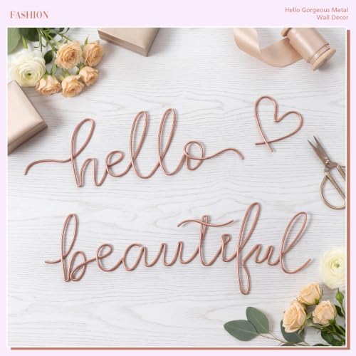 Hicarer Metal Hello Beautiful Wall Art Minimalist Wall Decor, Rose Gold - Image 3