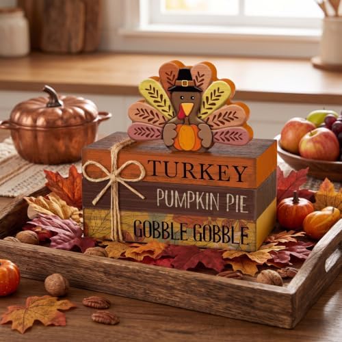 4 Pcs Fall Thanksgiving Tiered Tray Decor Wooden Turkey Book Sign - Image 3