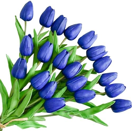 ONLY ART Artificial Royal Blue Tulips 20 Pcs – 13.5 Inch PU Faux Flowers with Bendable Stems for Home Décor, Wedding Centerpieces, DIY Floral Arrangements, New Year and Valentine's Day by ONLYART