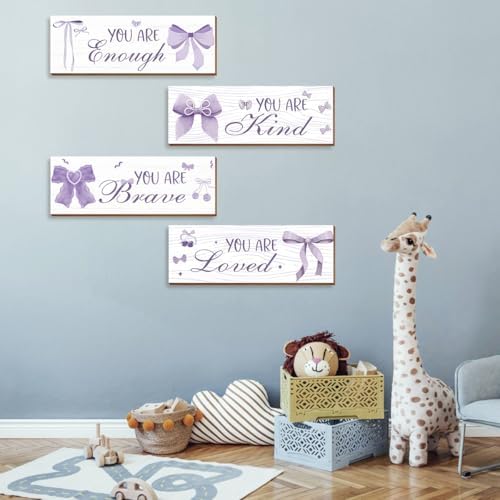4 Pcs Purple Bow Wall Decor, Light Purple Coquete Room Decor for Teen Girls, Inspirational Positive Affirmations Wall Wooden Hanging Sign Bathroom Art - Image 6