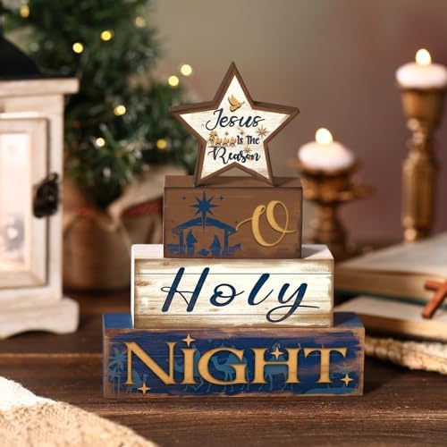 Moucuny 4 Pcs Christmas Wooden Signs Centerpieces, Holy Night Farmhouse - Image 4