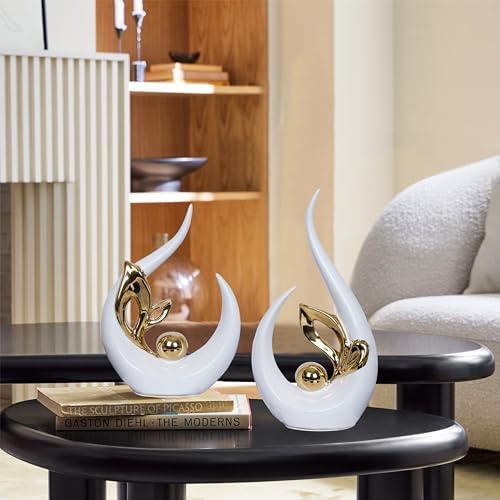 2 PCS White Gold Home Decor Accent Ceramic Statue Abstract Sculptures Centerpieces Mid Century Modern Decor for Tables Coffee Table top Decorations for Living Room Desktop Shelf Dining Room Kitchen - Image 5