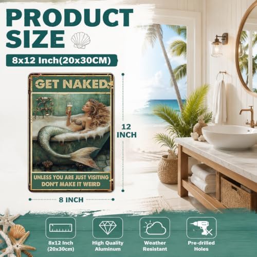 Mermaid Sign Vintage Tin Wall Decor Get Naked Sign Don't Make It Weird Iron Painting Mermaid Poster for Home Living Room Bathroom Toilet Hotel 12x8 Inch - Image 2