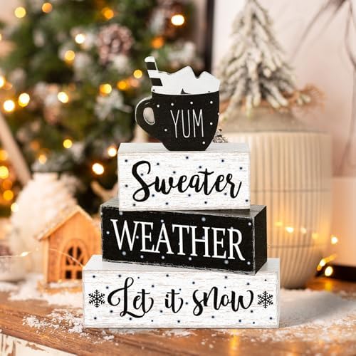 Marsui 4 Pcs Winter Table Decorations Wooden Let It Snow Tiered Tray Decor - Image 2