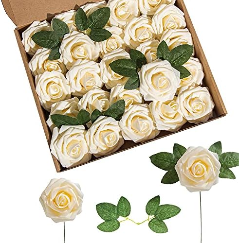 Artificial Flower Foam Rose 25pcs Real Looking Fake Rose with Stems Leaves for Home Decoration Party Garden Centerpieces DIY Wedding Bouquets（Champagne） by Lansdowns