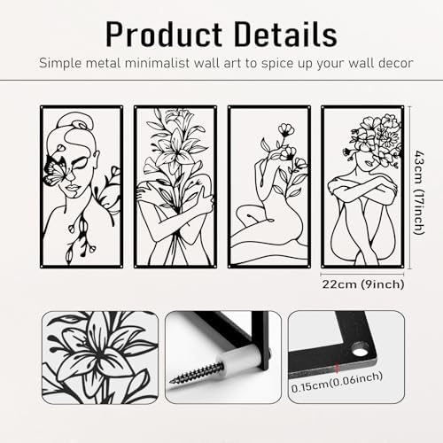 Bakovity Black Metal Wall Art, Abstract Woman Wall Decor, Minimalist Flower Line Decor, Modern Aesthetic Metal Wall Art for Bedroom Bathroom Living Room (4 Pcs, 17 x 9 in) - Image 3