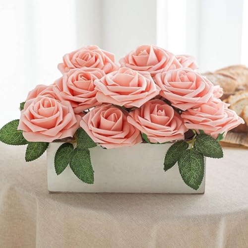 Peach Pink Rose 50pcs Foam Rose Real Looking Fake Rose with Stems Leaves for Home Decoration Party Garden Centerpieces DIY Wedding Bouquets（Peach Pink） - Image 5