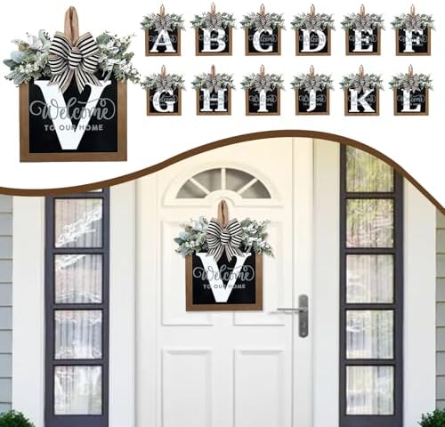 Ultra Large 14'' Last Name All Year Round Front Door Wreath with 26 Initial Letter Welcome Sign All Seasons Eucalyptus Garland and Bow Wreaths for Front Door Porch Farmhouse Decoration (V) - Image 5