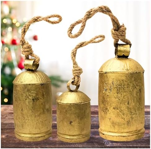 Giant Decorative Cow Bells Set of 3 Huge Christmas Bells for Decoration - XL Vintage Harmony Cowbells Rustic on Jute Rope Hanging Gold Tibetan Lucky Charm (6"-8"-10") by aladean