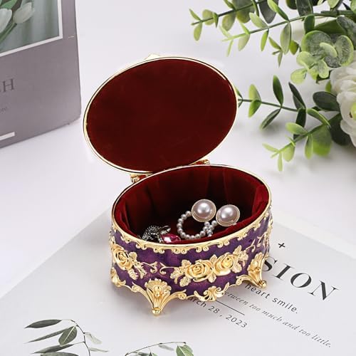 Hipiwe Vintage Oval Jewelry Storage Box Metal Trinket Organizer Purple - Image 6