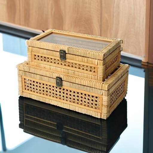 DECOR4SEASON Rattan and Cane Stacking Boxes with Glass Top Lid - Set of 2 for Boho, and Rustic Farmhouse Decor - Image 5