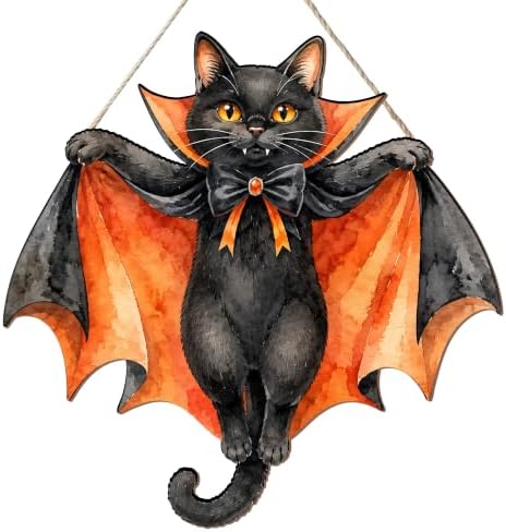Black Cat Halloween Decor Door Hanging Sign for Front Door Porch Wall Decor Welcome Sign for Haunted House Halloween Party Outdoor Indoor Decorative Signs by YIJIAQIN