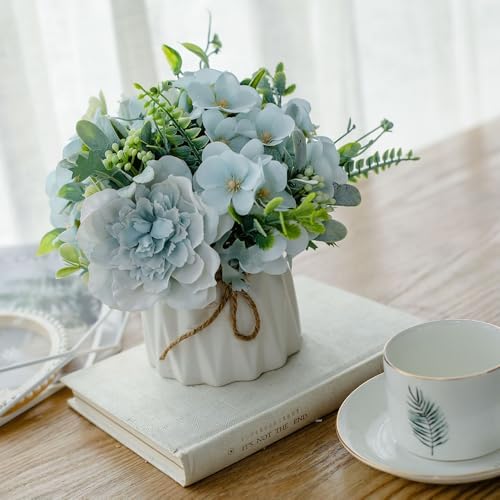 TKAS Fake Flowers Arrangement in Ceramic Vase, Artificial Faux Silk Roses & Hydrangea, Small Realistic Dried-Style Floral Dining Table Centerpiece for Wedding Party Home Decoration (Blue) - Image 3