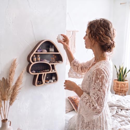 Cute Mushroom Decor, Wooden Mushroom Wall Shelf Crystal Display Shelves - Image 2