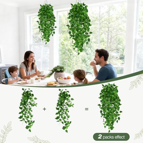 Artificial Pothos Vines 4 Pack, 40" Fake Hanging Plants for Wall Decor Indoor, Lush Heart-Leaf Trailing Vines for Bookshelf Living Room Bedroom Decor - Image 4