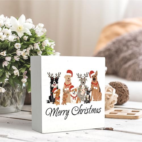 Merry Christmas Dog Wooden Box Sign Desk Decor, Dog Lover Mom Dad Gifts, Christmas Holiday Puppy Wood Block Sign for Home Office Desk Table Shelf Wall Decorations, 5x5 Inch - Image 5