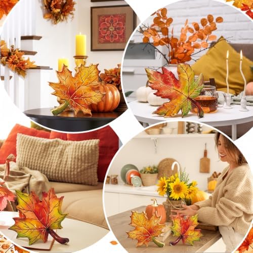 5 Pcs Fall Maple Leaf Block Signs, Wooden Thanksgiving Table Decor - Image 6