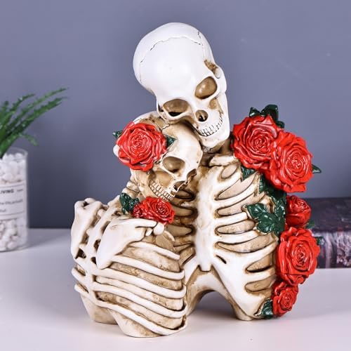 Halloween Skeleton Decor, Gothic Skeleton Couple Resin Statue with Roses by XYQXYQ