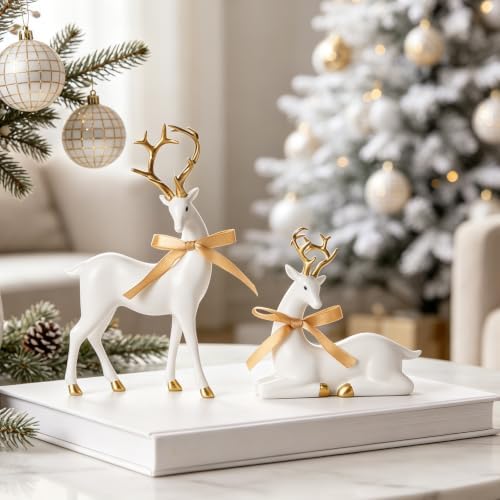 WDS WONDROUS Christmas Reindeer Decorations Modern White Gold Table Decor - Image 2
