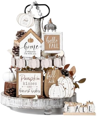 Reallnaive 18 Pcs Fall Tiered Tray Decor Set Neutral Wood Signs by Reallnaive