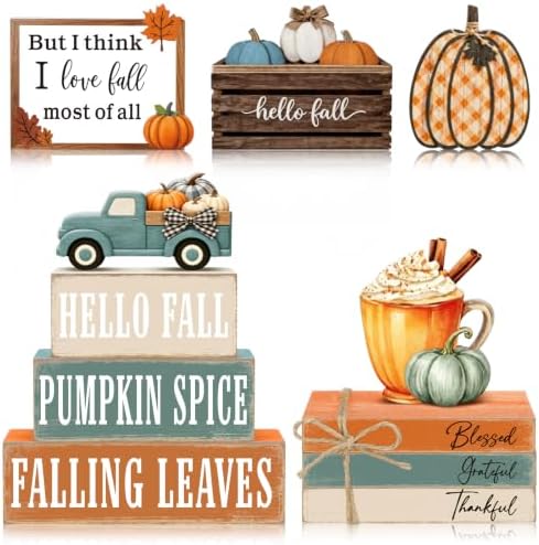11 Pcs Fall Coffee Table Decor for Home, Wooden Pumpkin Spice Signs by Quzzil