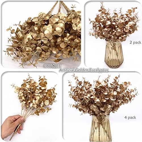 Artificial Gold Plants Decorations, Fake Plastic Golden Eucalyptus Shrubs Faux Simulation Foliage for Christmas Wedding Party Indoor Hotel Hall Home Table Centerpieces DIY Decor Planting Filler 2 Pack - Image 3