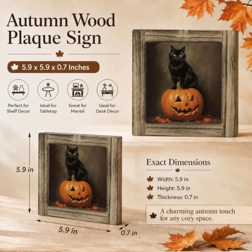 Black Cat Pumpkin Wood Plaque Sign, Halloween Art Decor Sign for Mantel 15 - Image 2