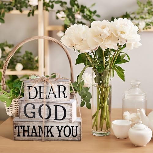CroBlissful 4 Pcs Farmhouse Wooden Table Decor Christian Tiered Tray Decorations Rustic Religious Gift Block Sign Dear God Thank You Table Centerpiece for Home Kitchen Living Room Shelf Mantle - Image 6