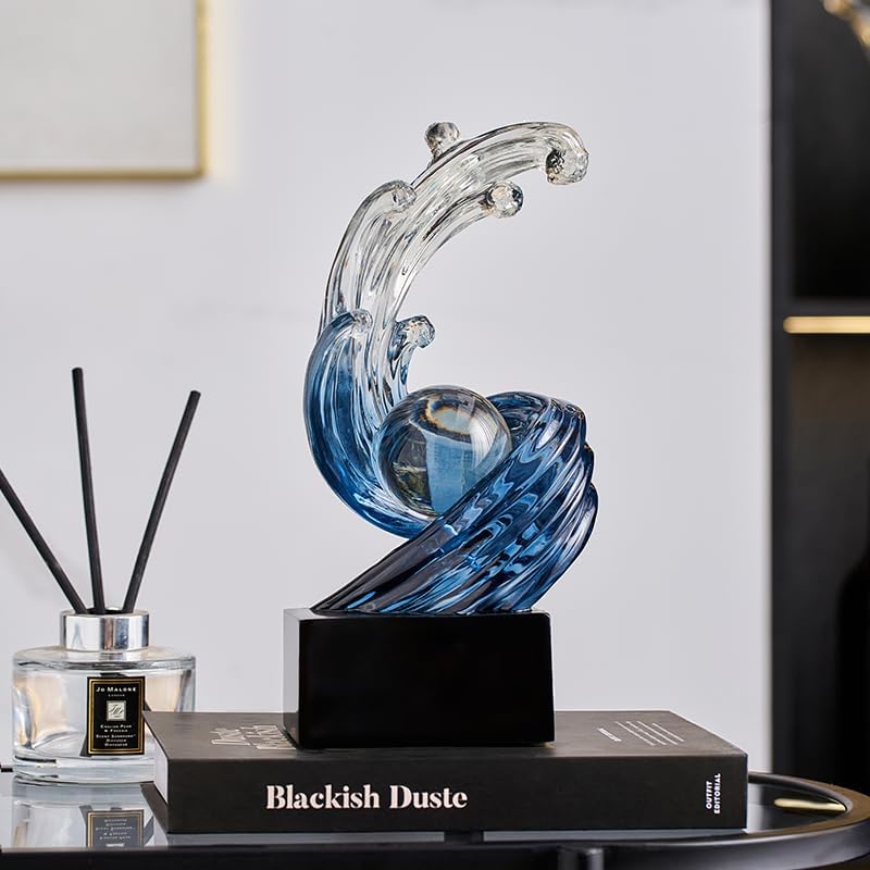 Modern Abstract Decorative Wave Statue, Blue Abstract Art Home Decor,Crystal Ball Art Wave Resin Sculpture, Office Desk Stand, Dining Table Center Decorative Aesthetics(B,Navy-Blue) - Image 3