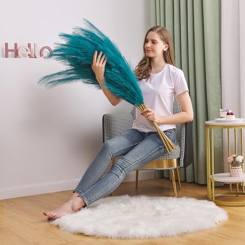 7 Pcs 45" Faux Pampas Grass – Fluffy Artificial Pompous Grass for Tall Floor Vase, Non-Shedding Home Decor, Boho Wedding Flowers, Baby Shower Centerpieces, Bedroom & Living Room Decor (Blue) - Image 2