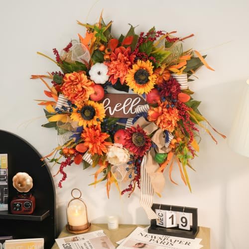 Fall Wreaths for Front Door 24 Inch Autumn Harvest Sunflower Apple Wreath - Image 6