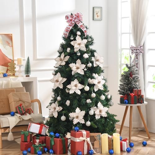 10 PCS Glitter Poinsettias, 8.7" Artificial Christmas Flowers, Cream White - Image 5