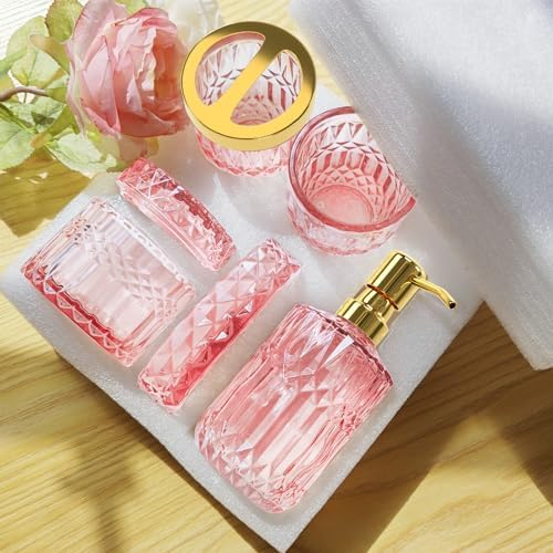 Pink Bathroom Accessories Set, 5Pcs Clear Glass Pink Bathroom Decor with Lotion Soap Dispenser, Soap Dish, Tumbler, Cotton Swab Jar, Toothbrush Holder for Bathrooms Set Modern Crystal Vintage Gift - Image 6