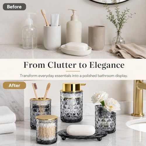 5 Piece Glass Bathroom Accessories Set, Black & Gold Vanity Countertop Set - Image 5