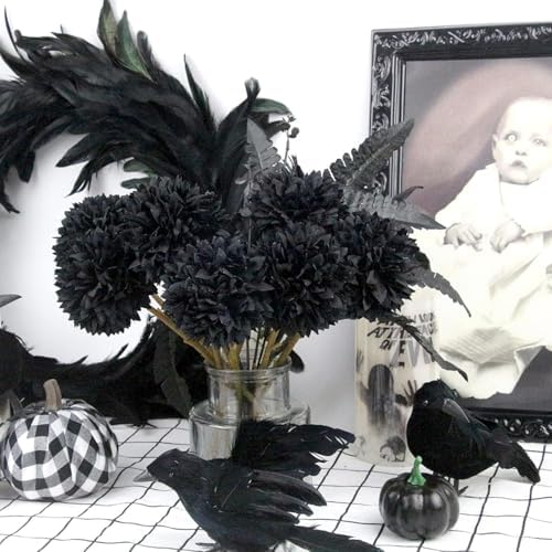 Tinsow Artificial Flowers Faux Ball Chrysanthemum Bouquet Flowers Bridal Wedding Bouquet for Home Garden Party Wedding Decoration (12, Black, Red, Orange) - Image 2