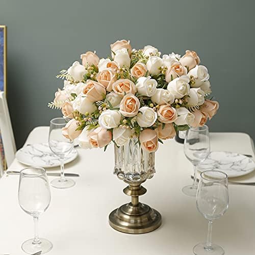 Artificial Rose Flowers 20 Heads 2 Bundles Silk Bouquet, Champagne & Cream - Image 2