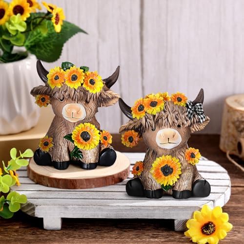 Wesiti 2 Pcs Highland Cow Figurines, Sunflower Resin Statue Desktop Decor - Image 6