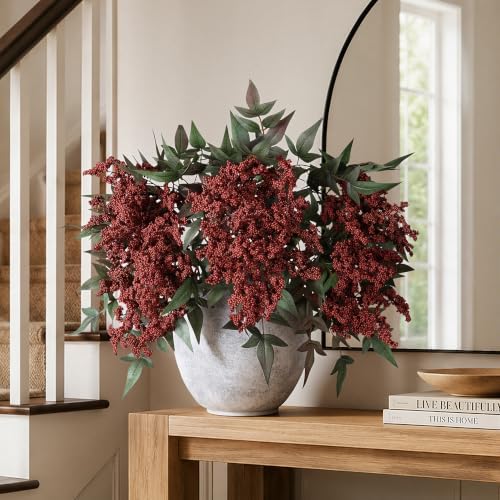 Artificial Flowers 35 Inch Artificial Nandina Berry Stem 3 Pcs Faux Flowers for Vase Realistic Sedum Spray for DIY Bouquet, Shower, Farmhouse, Mantel, Home Decor(Burgundy) - Image 4