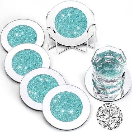Jetec Mirrored Glass Coaster Set of 6 with 1 Holder 4" Crushed Diamond Round Cup Mat Glitter Crystal Rhinestone Glass Coaster Bling Table Decor for Bar Kitchen Gift for Christmas(Mint Green,4 Inch) by Jetec