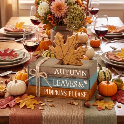 4 Pcs Fall Decorations for Home, Maple Leaf Book Stack Block Sign - Image 3