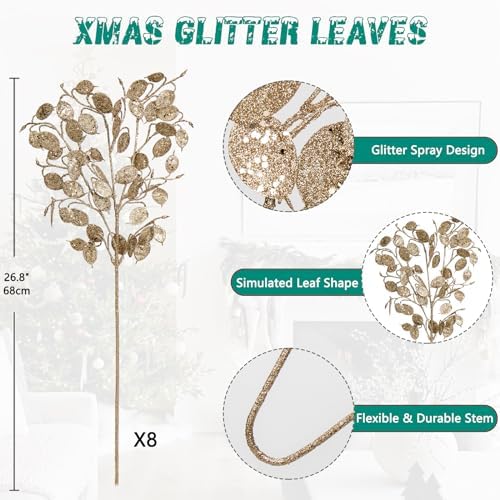 8 Pcs Christmas Tree Picks and Sprays Champagne Glitter Christmas Picks 26.8" Christmas Glitter Eucalyptus Leaves Stems for Christmas Tree Filler Branches Wreaths Centerpieces Holiday Decorations - Image 2